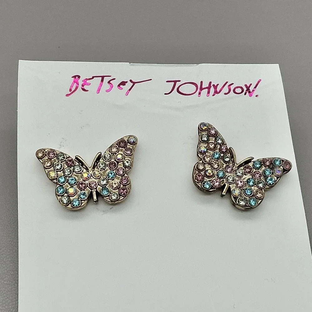 Betsey Johnson Earrings Butterfly Stud Multicolor Rhinestone Sparkle Jewelry_2